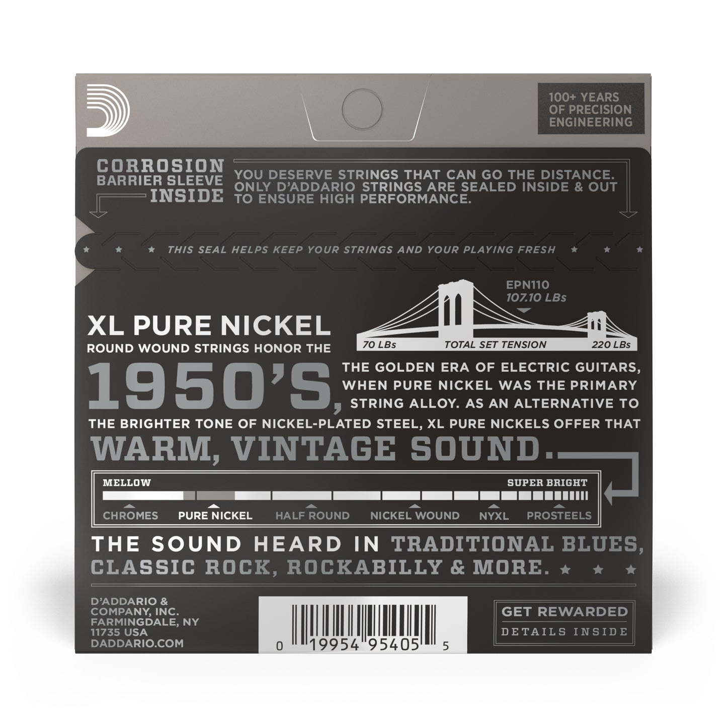 D'Addario EPN110 Pure Nickel Electric Guitar Strings, Regular Light, 10-45