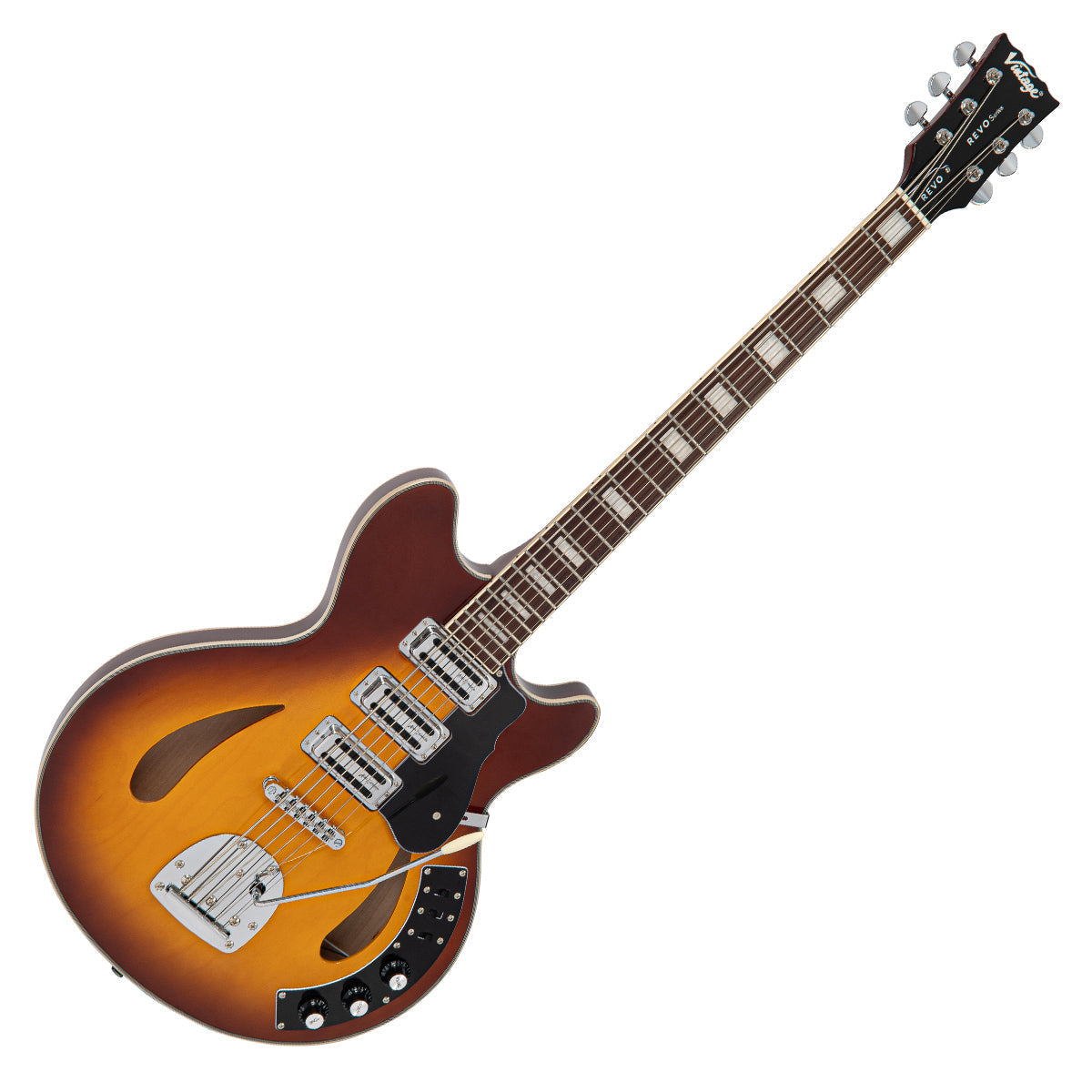 Vintage REVO Series 'Custom Supreme Baritone VI' Semi-Acoustic Guitar ~ Tobacco Sunburst