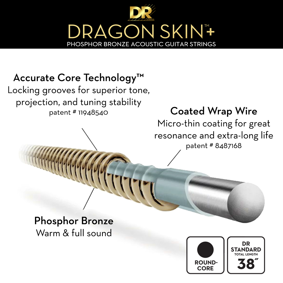 DR Dragon Skin+ Phosphor Bronze Acoustic Guitar Strings - 12-String Light - 10-48