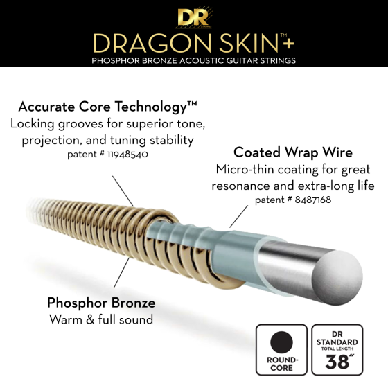 DR Dragon Skin+ Phosphor Bronze Acoustic Guitar Strings - Extra Light - 10-48