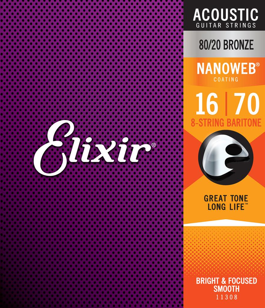 Elixir Nanoweb 16-70 80/20 Bronze Baritone 8-String Acoustic Guitar Strings