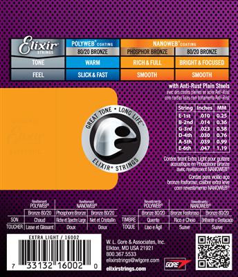 Elixir Nanoweb Phosphor Bronze Acoustic Guitar Strings - 10-47 Extra Light