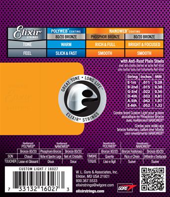 Elixir Nanoweb Phosphor Bronze Acoustic Guitar Strings - 11-52 Custom Light