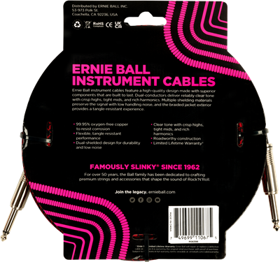 Ernie Ball Braided Instrument Cable 25ft Straight-Straight Black/Red