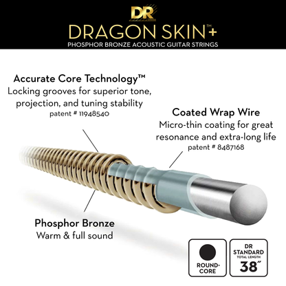 DR Dragon Skin+ Phosphor Bronze Acoustic Guitar Strings - Custom Light - 11-50