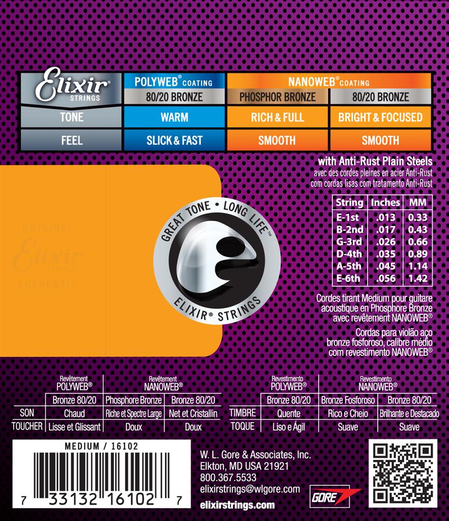 Elixir Nanoweb Phosphor Bronze Acoustic Guitar Strings - 13-56 Medium