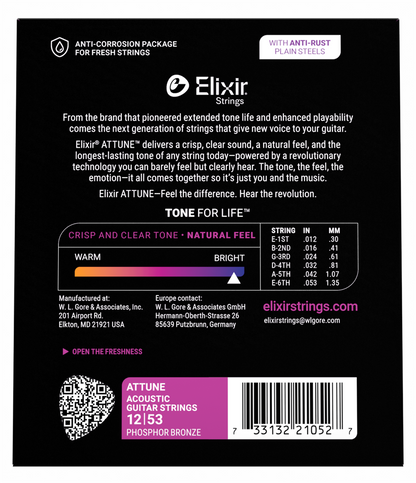 Elixir Attune Phosphor Bronze Acoustic Guitar Strings - 12-53 Light
