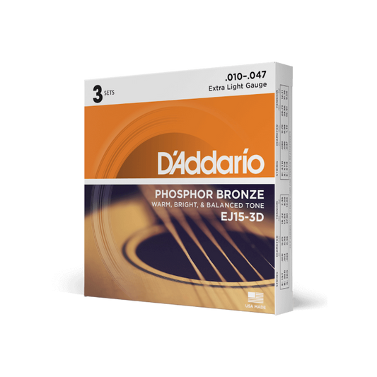 D'Addario 10-47 - Extra Light Phosphor Bronze Acoustic Guitar Strings - 3-Pack
