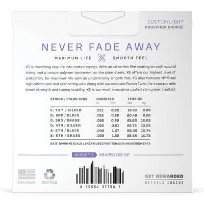 D'Addario XS Phosphor Bronze 11-52 Custom Light Coated Acoustic Guitar Strings, 3-Pack