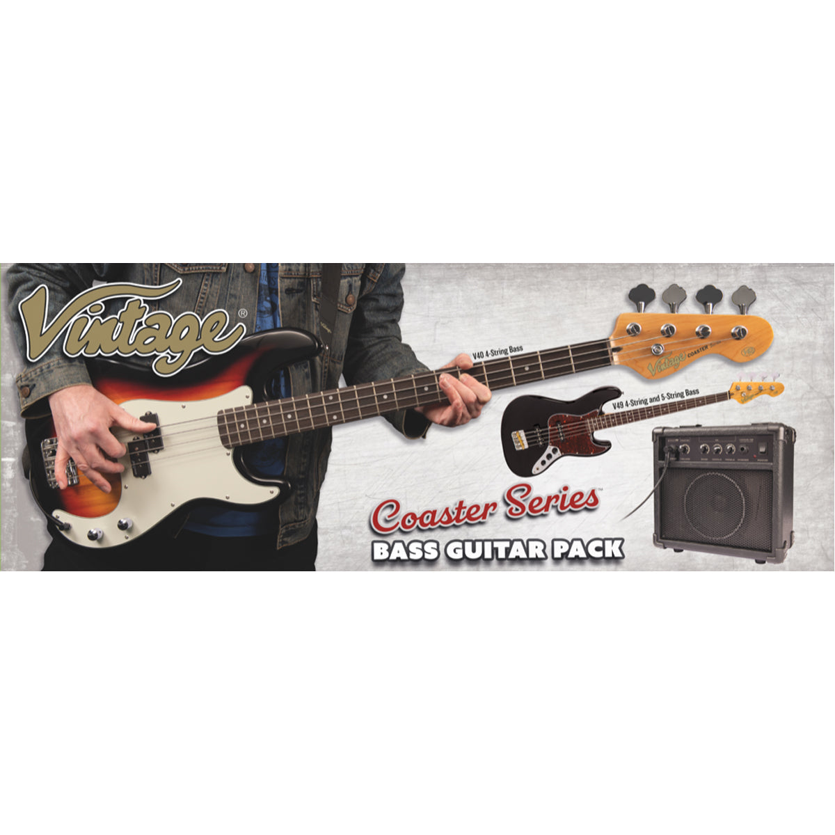 Vintage V40 Coaster Series Bass Guitar Pack - Left Hand Boulevard Black