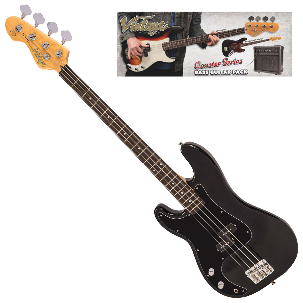 Vintage V40 Coaster Series Bass Guitar Pack - Left Hand Boulevard Black